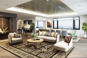 Blauwe vloerkleden in een modern interieur met neutrale meubels en natuurlijk licht
